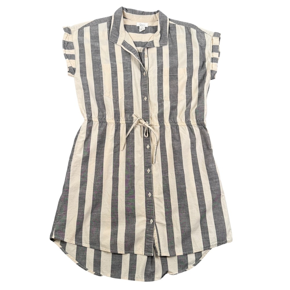 Japna Womens Grey Cream Striped Button Up Shirt Dress Drawstring Waist Large 131
